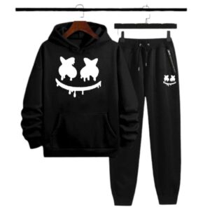 Men's Fleece Hoodie Track Suit - 2 Pcs Set in Black with Printed Design